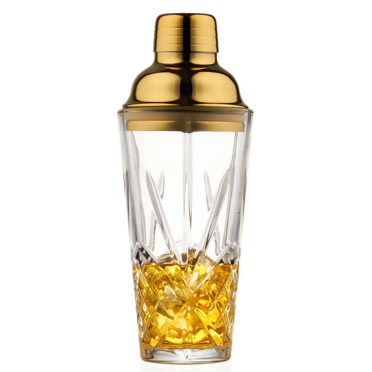Fioance coctelera dorada martini cristal, cócteles elegantes en casa.