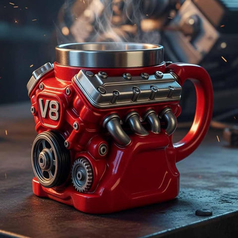 Taza FirFiltr V8 en acero inoxidable con diseño tridimensional, ideal para aficionados a coches