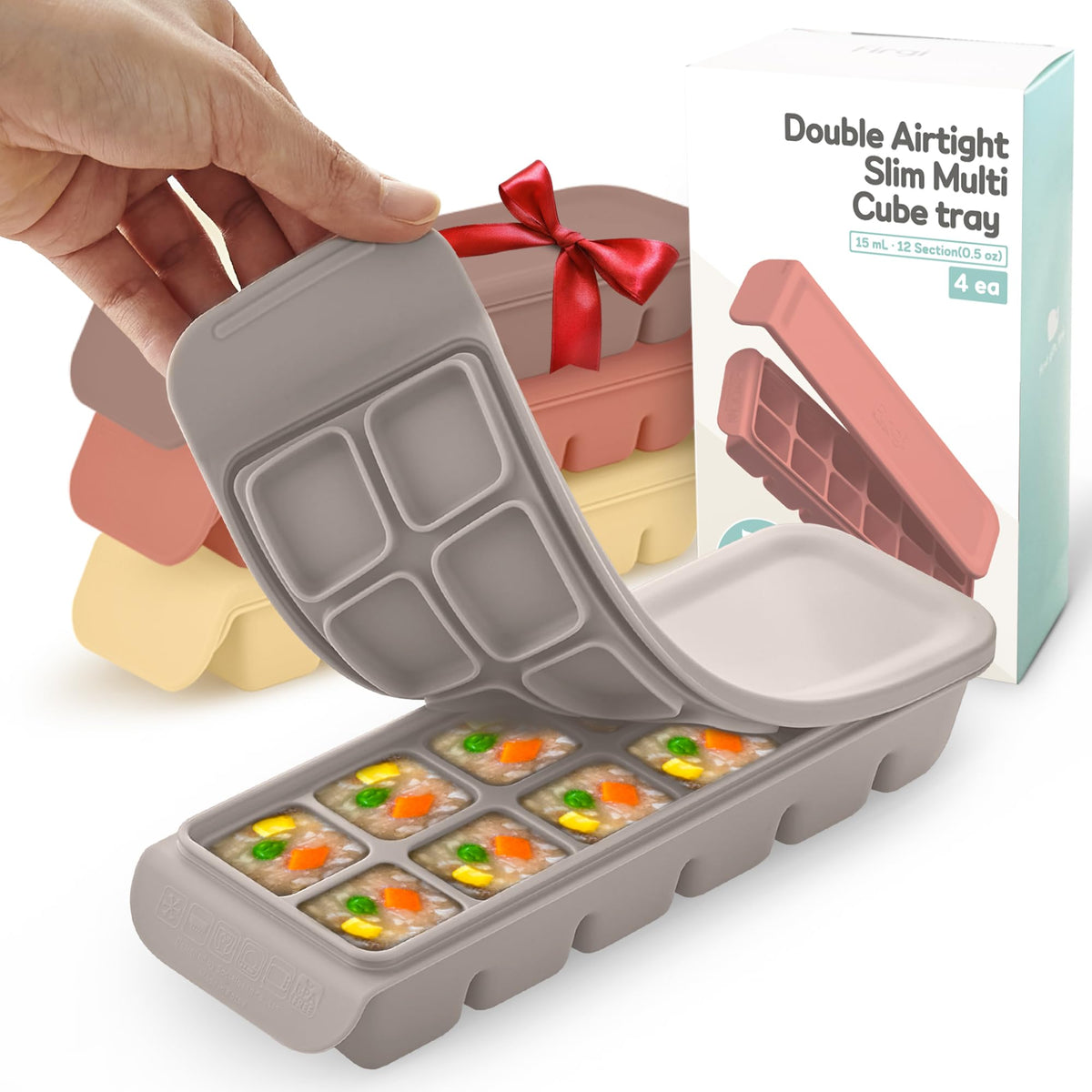 Bandeja Firgi de silicona con 12 celdas y tapa, ideal para porciones de bebé.