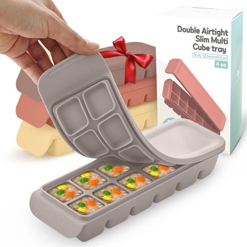 Bandeja Firgi de silicona con 12 celdas y tapa, ideal para porciones de bebé.