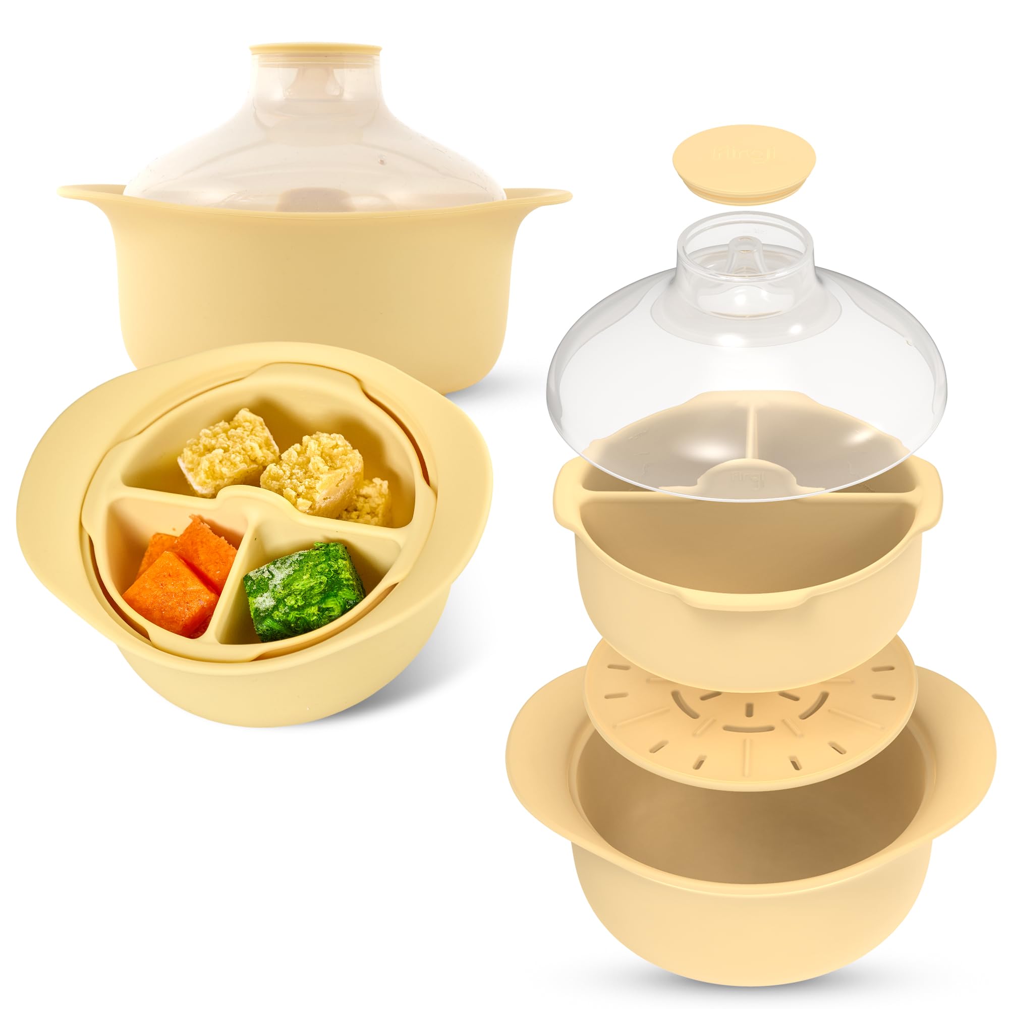 Vaporera Firgi platina de 3 compartimentos con tapa, ideal para cocción rápida en microondas.