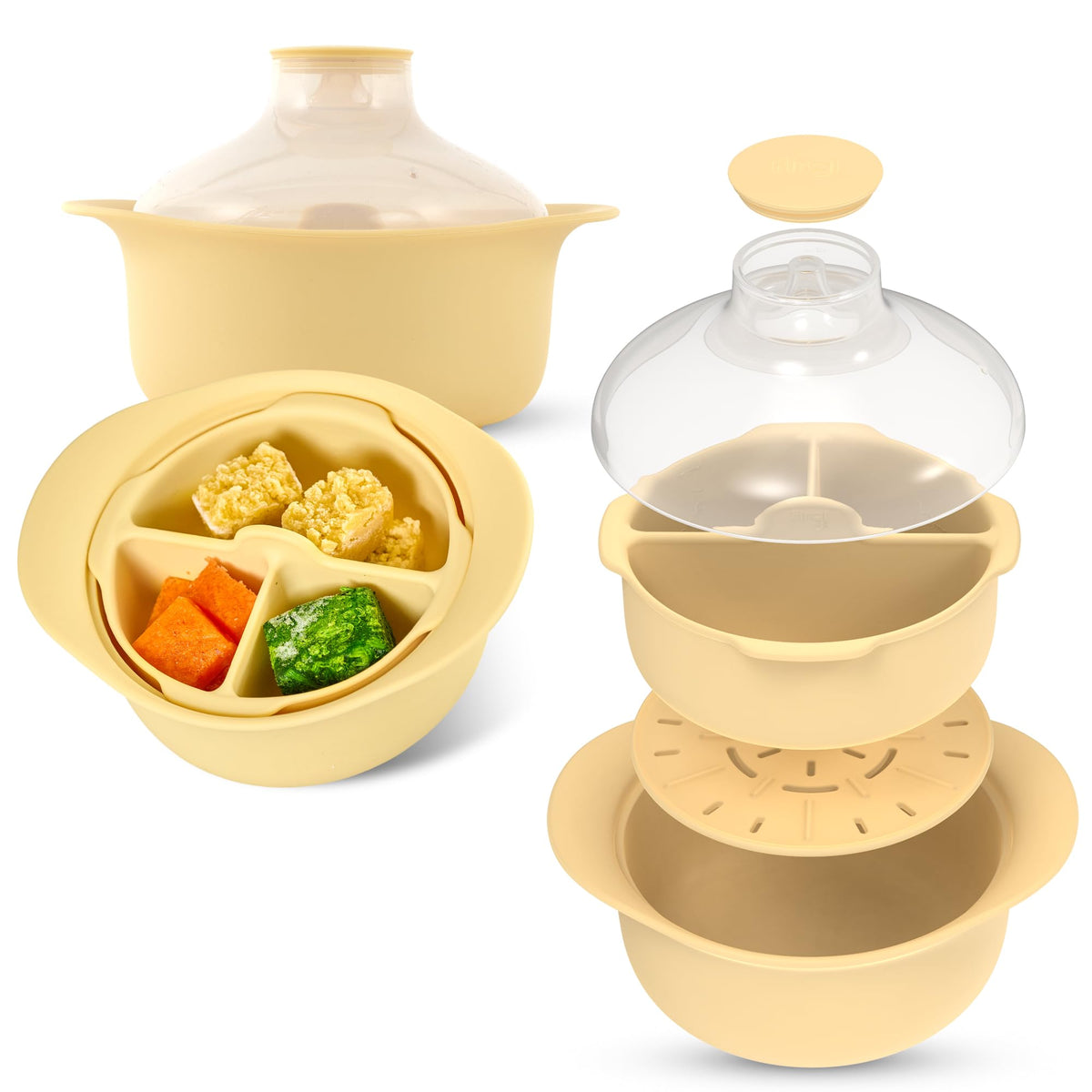 Vaporera Firgi platina de 3 compartimentos con tapa, ideal para cocción rápida en microondas.
