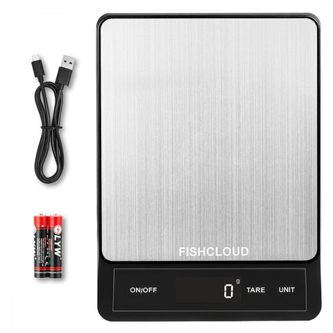 Balanza Fishcloud con pantalla grande para lectura rápida de ingredientes.
