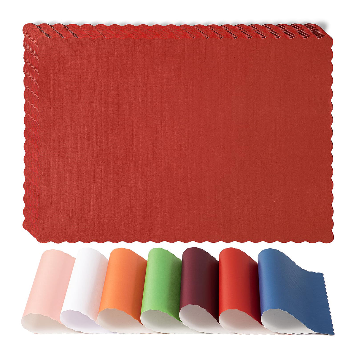 Fit Meal Prep, individual de papel rojo con borde ondulado para comidas en casa.