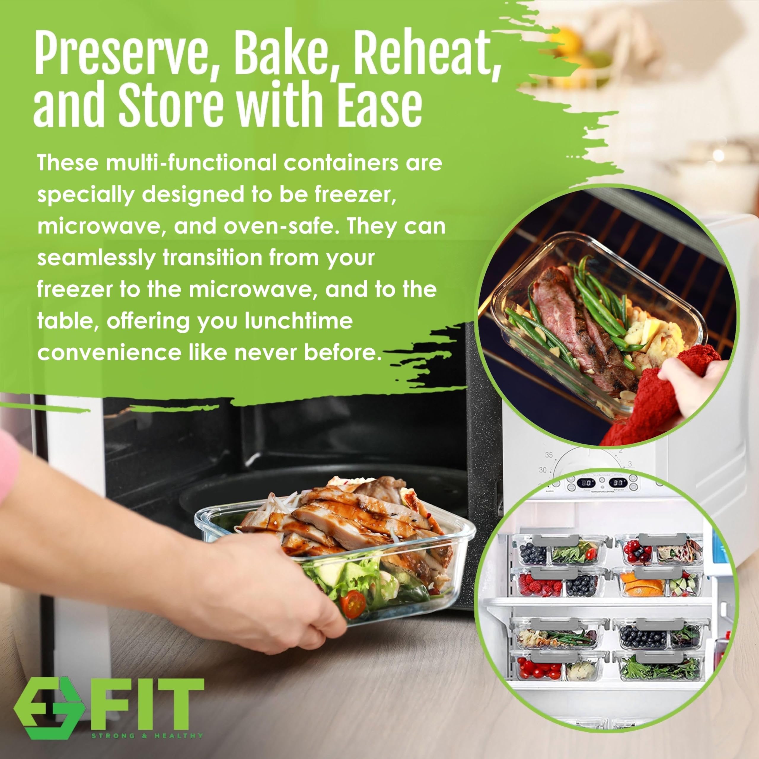 FIT Strong & Healthy apto para horno y microondas para recalentar platos.
