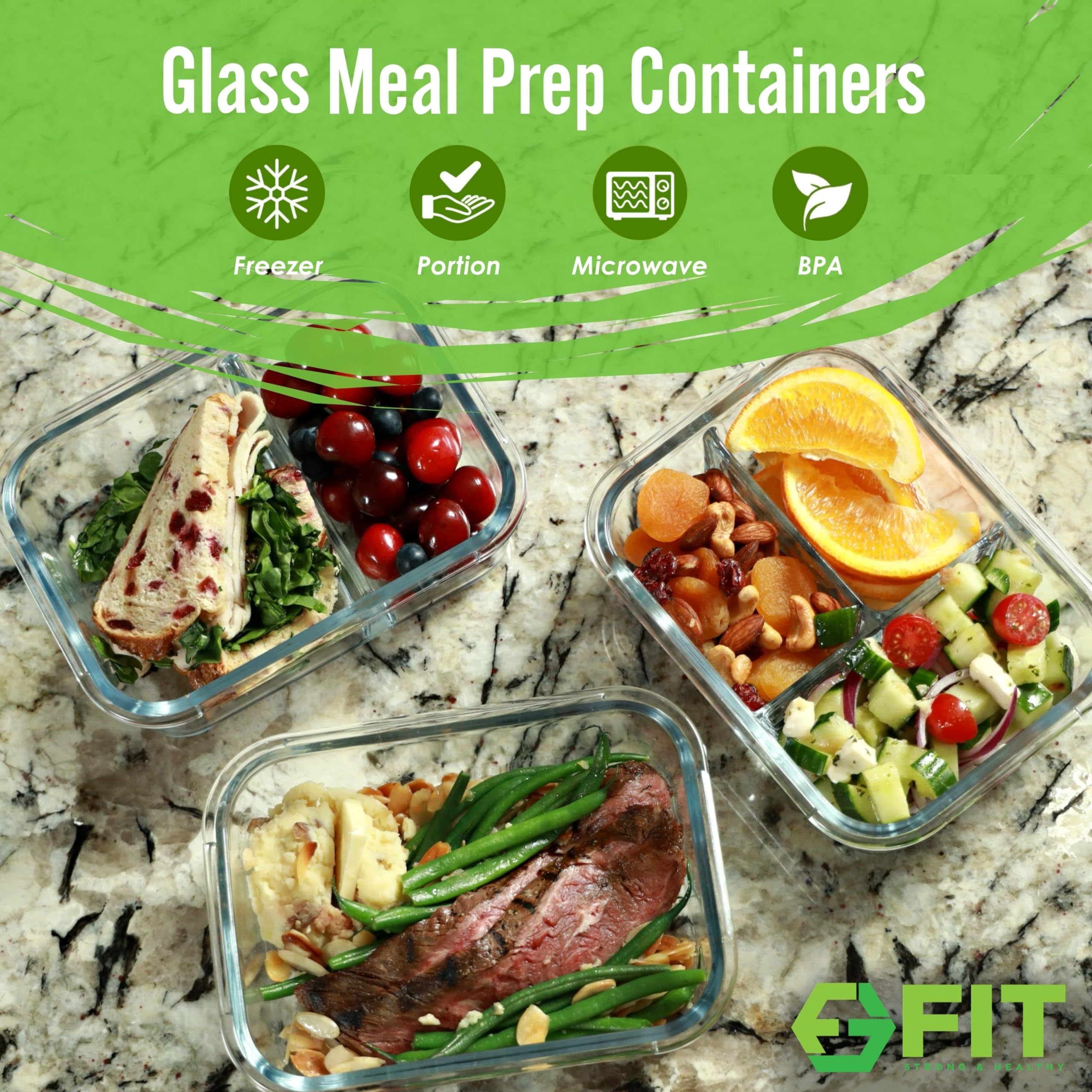 FIT Strong & Healthy bandeja de vidrio con 2 compartimentos para separar comidas.