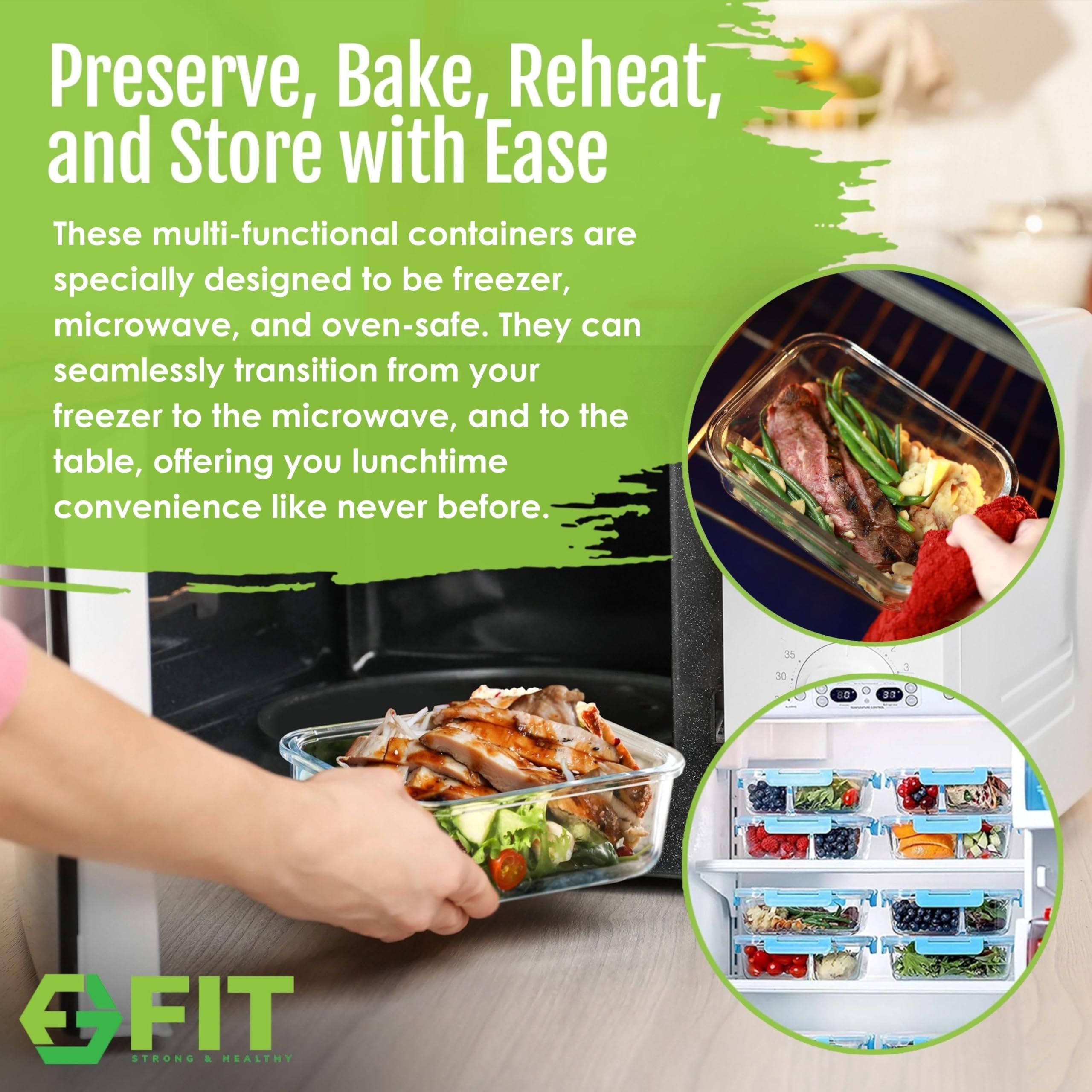 FIT Strong & Healthy bandejas apilables para ahorrar espacio en refrigeradores.