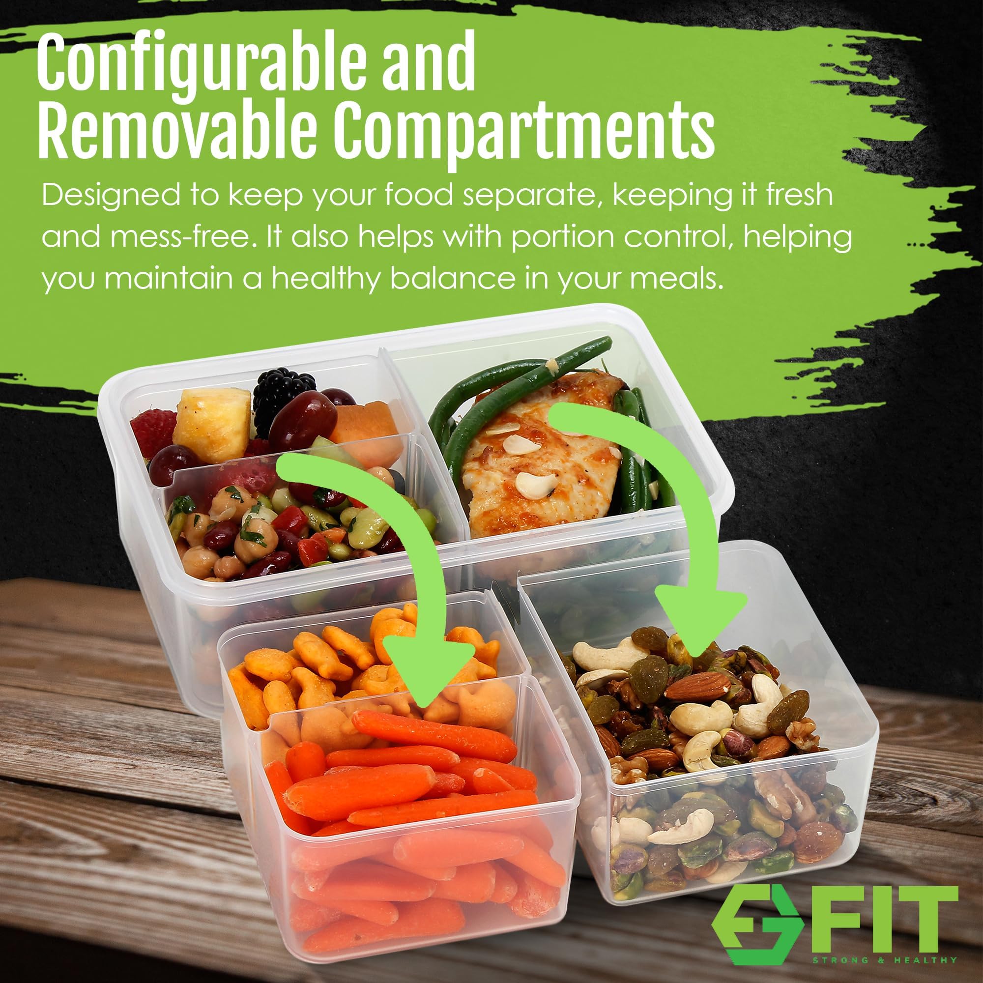 Divisiones desmontables en la Bento Box FIT Strong y Healthy, permiten separar ingredientes para comer a la hora.