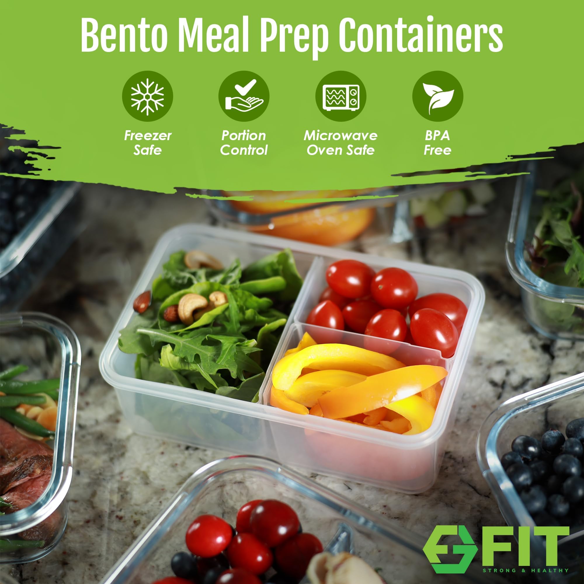 Tapa hermética de la Bento Box FIT Strong y Healthy, mantiene las comidas frescas y sin fugas.