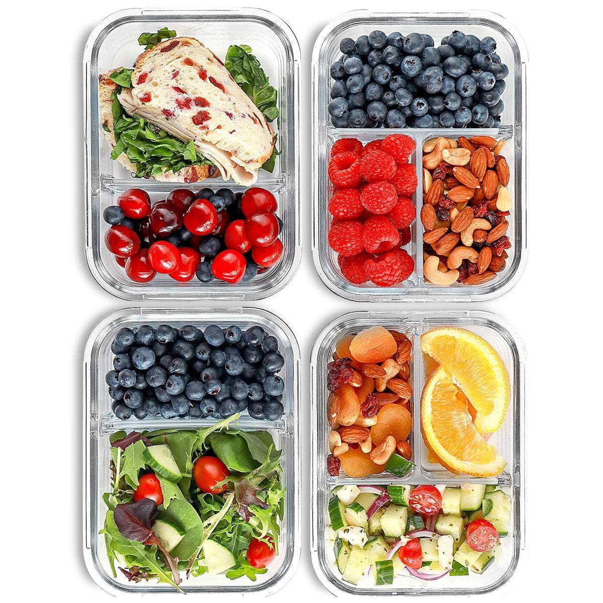 Recipiente de vidrio FIT Strong & Healthy para almuerzo con 2 compartimentos, ideal para porciones.