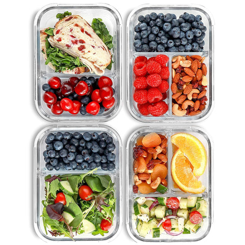 Recipiente de vidrio FIT Strong & Healthy para almuerzo con 2 compartimentos, ideal para porciones.
