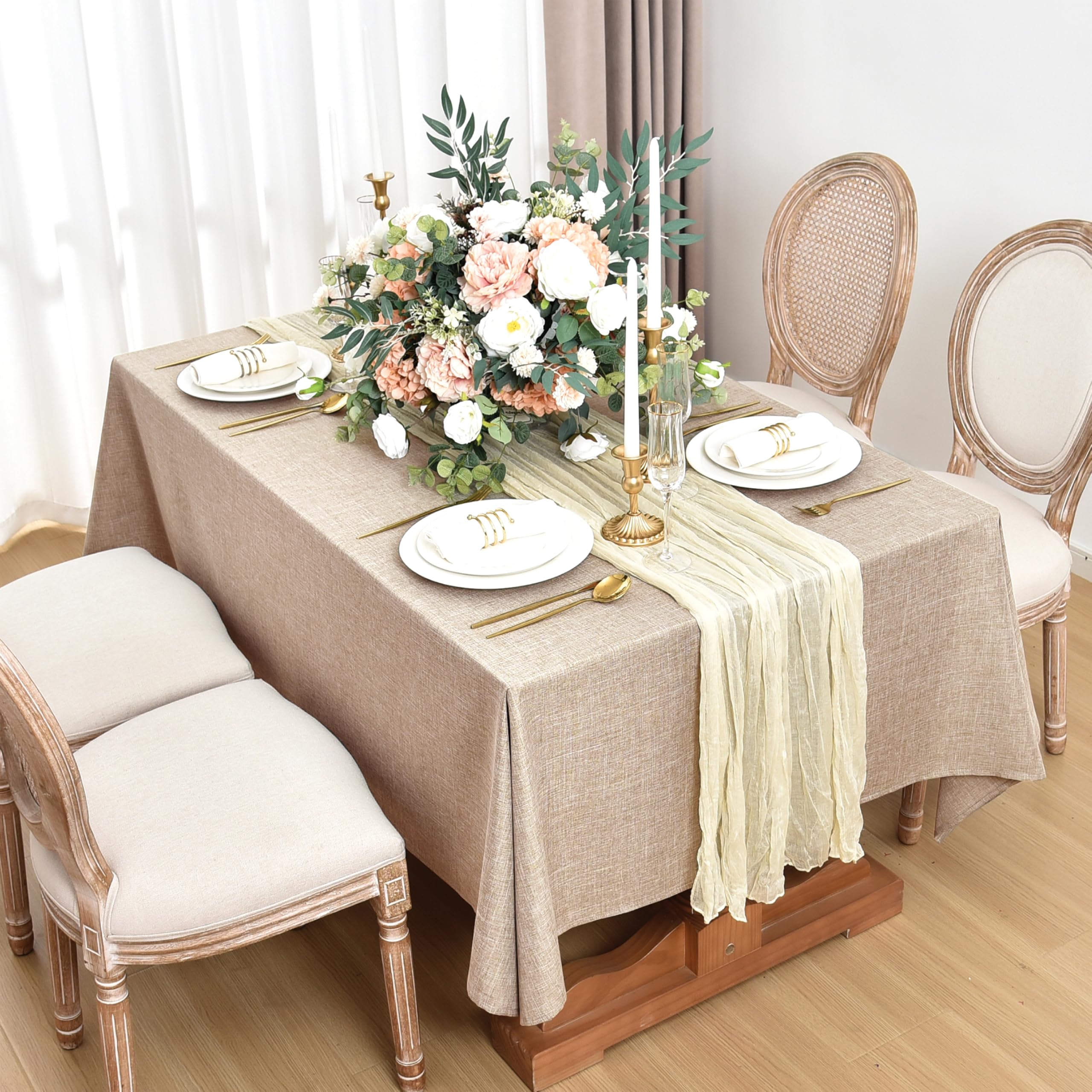 Mantel Fitable, textura de lino sintético, tamaño rectangular 152x259 cm, ideal para exteriores.