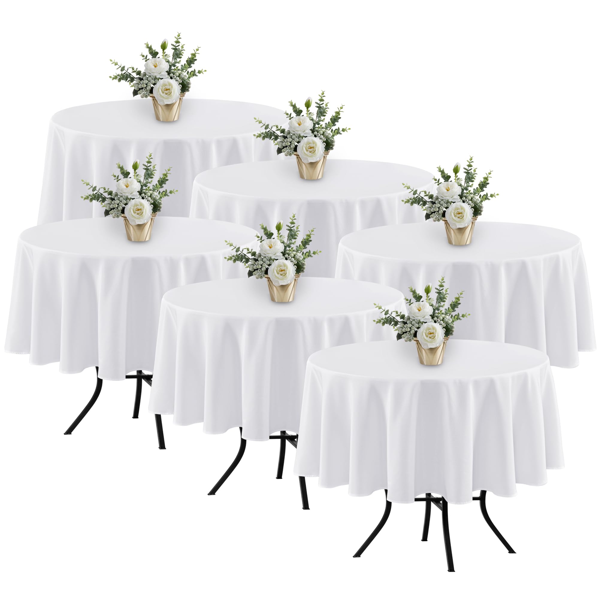 Manteles blancos redondos Fitable de 70 pulgadas, listado en empaque.