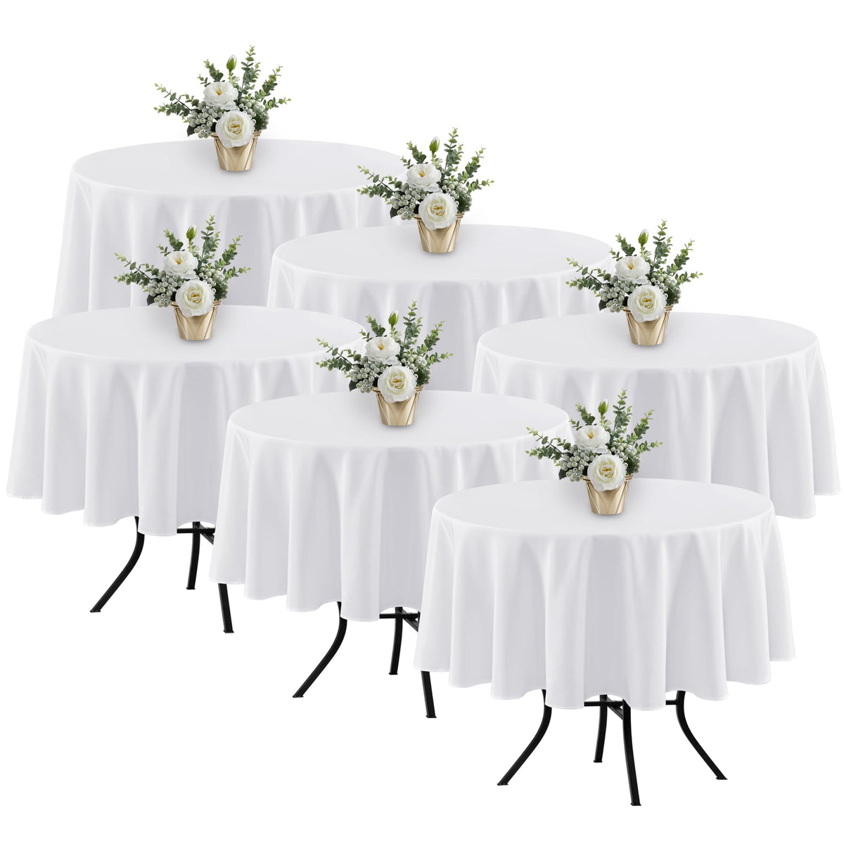 Manteles blancos redondos Fitable de 70 pulgadas, listado en empaque.