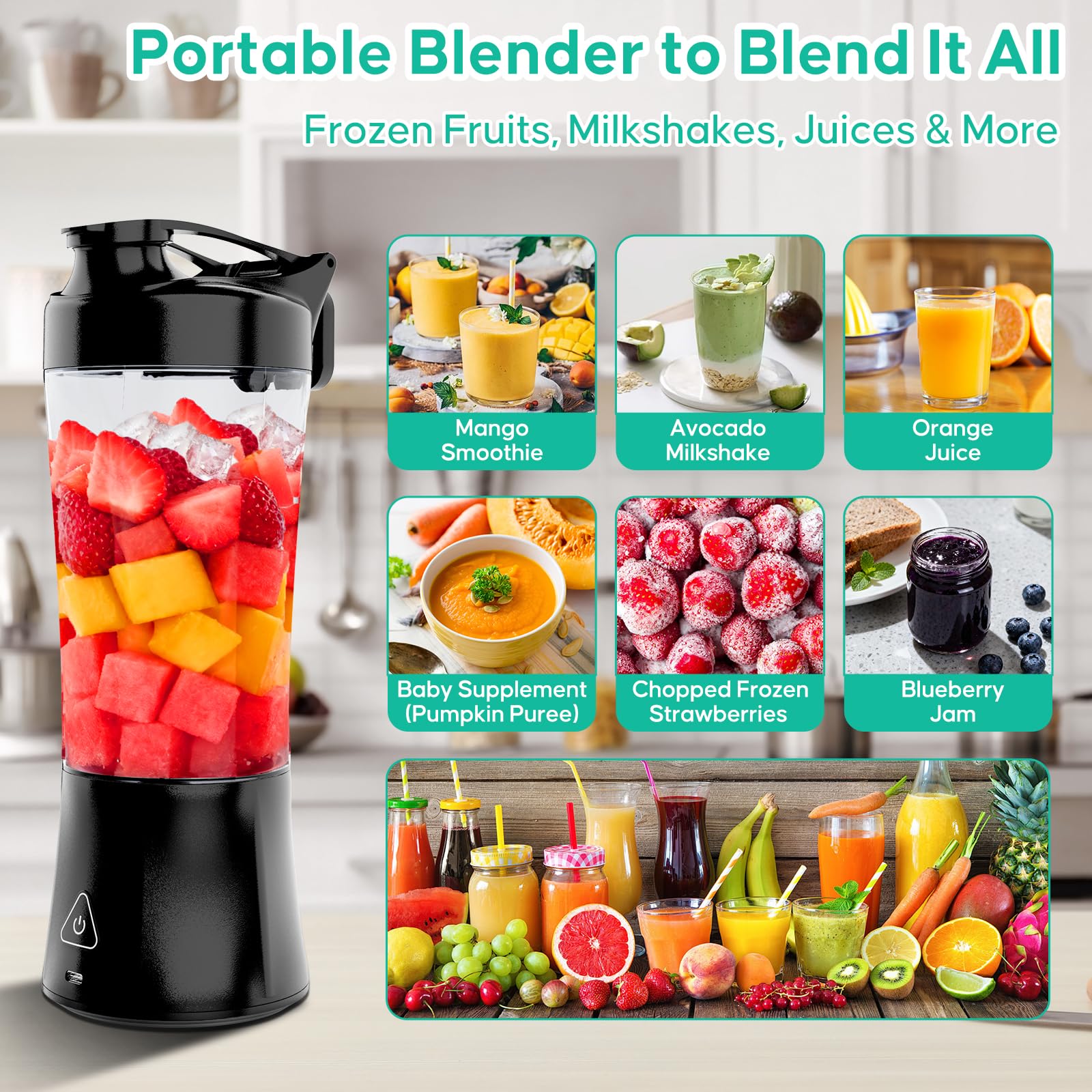 Versátil para batidos, jugos y bebidas saludables en casa, oficina o viaje.