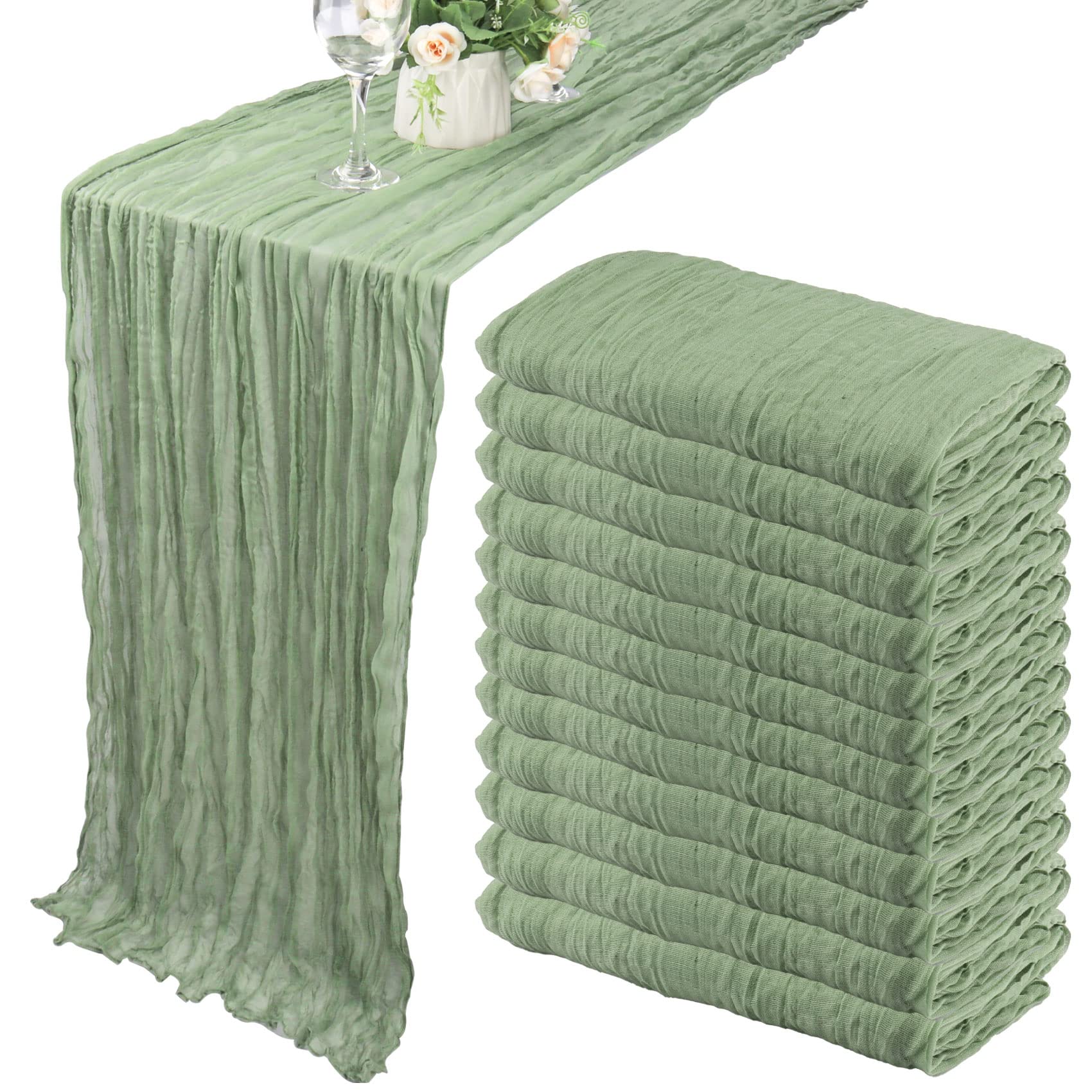 Mantel de gasa Fivenl 10 pies en verde salvia desgatado para una mesa elegante.