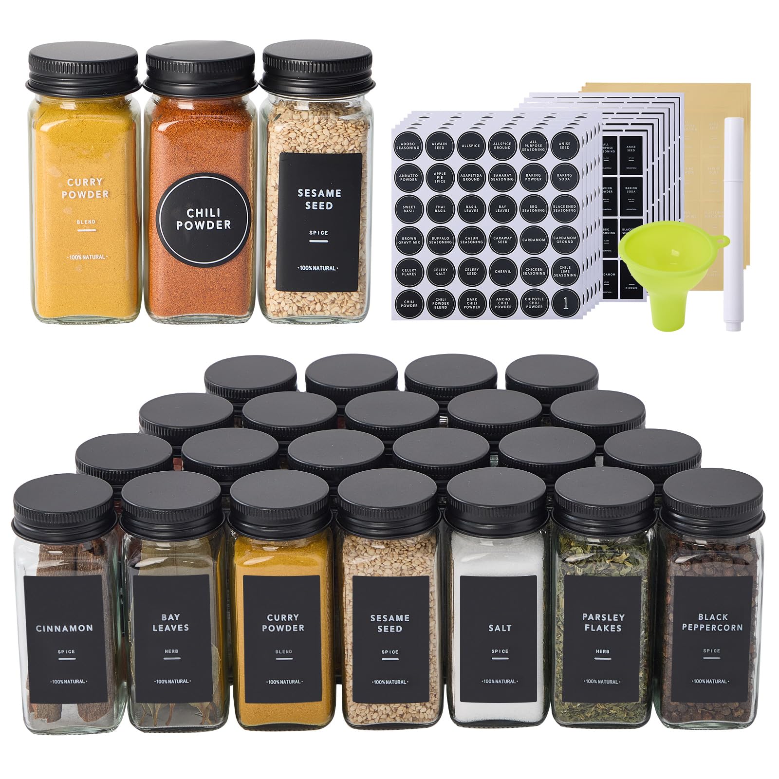 Frascos de especias Fiwence de vidrio cuadrados 4oz, visión clara del contenido para organizar.
