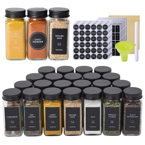 Frascos de especias Fiwence de vidrio cuadrados 4oz, visión clara del contenido para organizar.