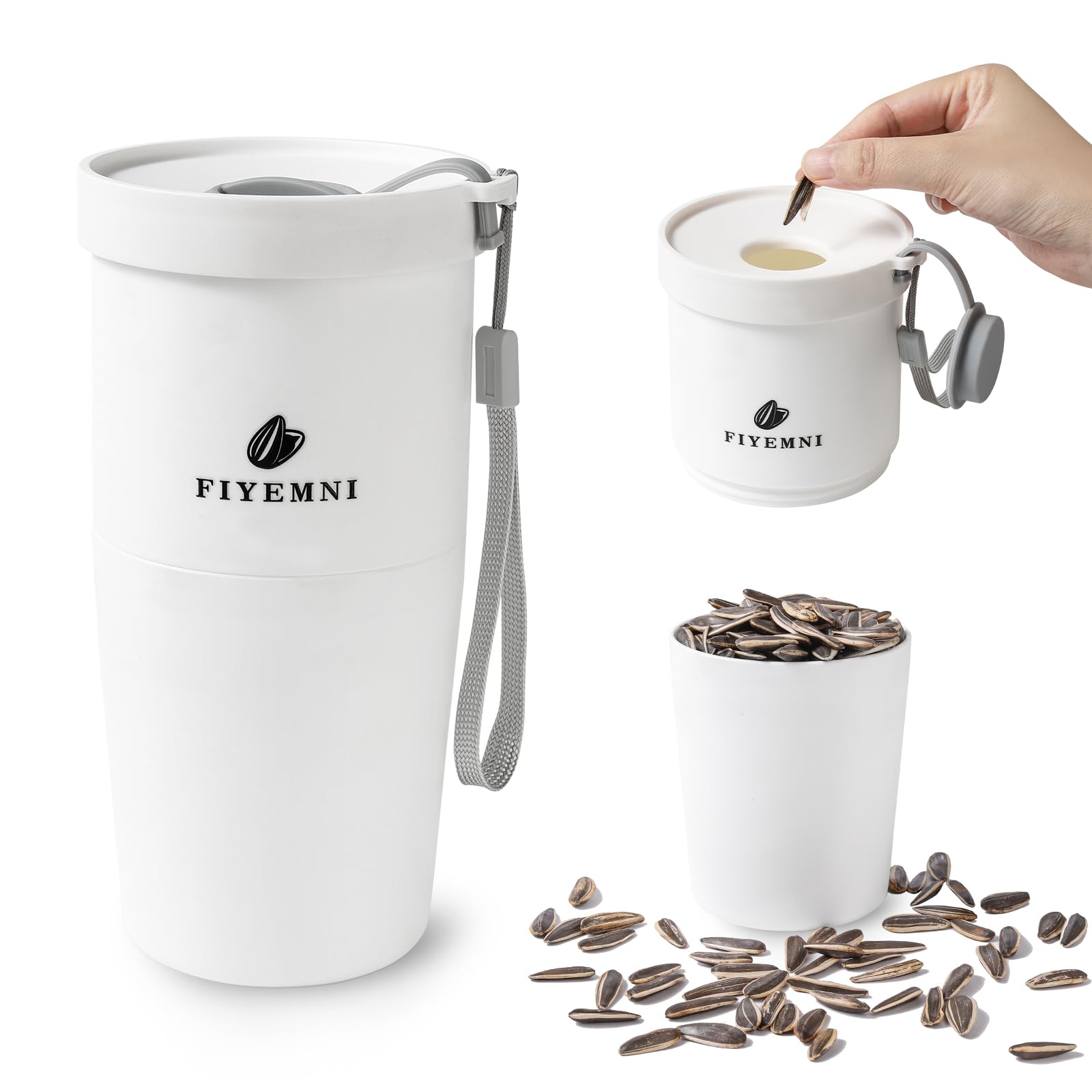 FIYEMNI Taza portátil de semillas con organizador y cáscaras, ideal para viaje.