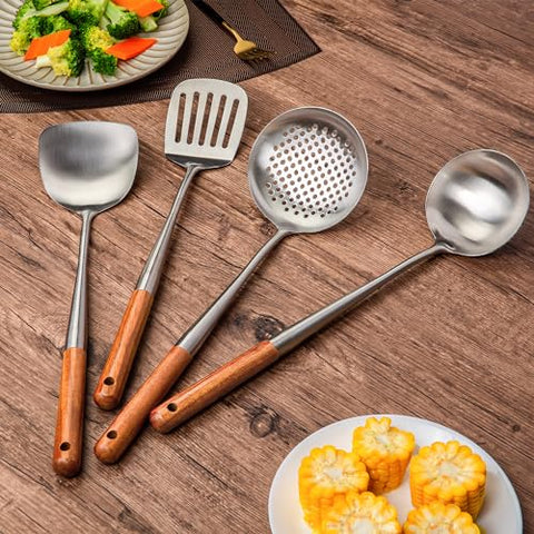 Cucharón FJNATINH para wok en acero inoxidable 304, equilibrio y durabilidad en cada uso.