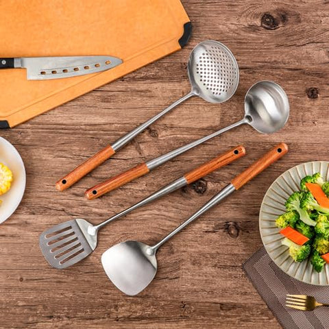 Espátula escurridora FJNATINH para wok, elimina líquidos sin perder ingredientes.