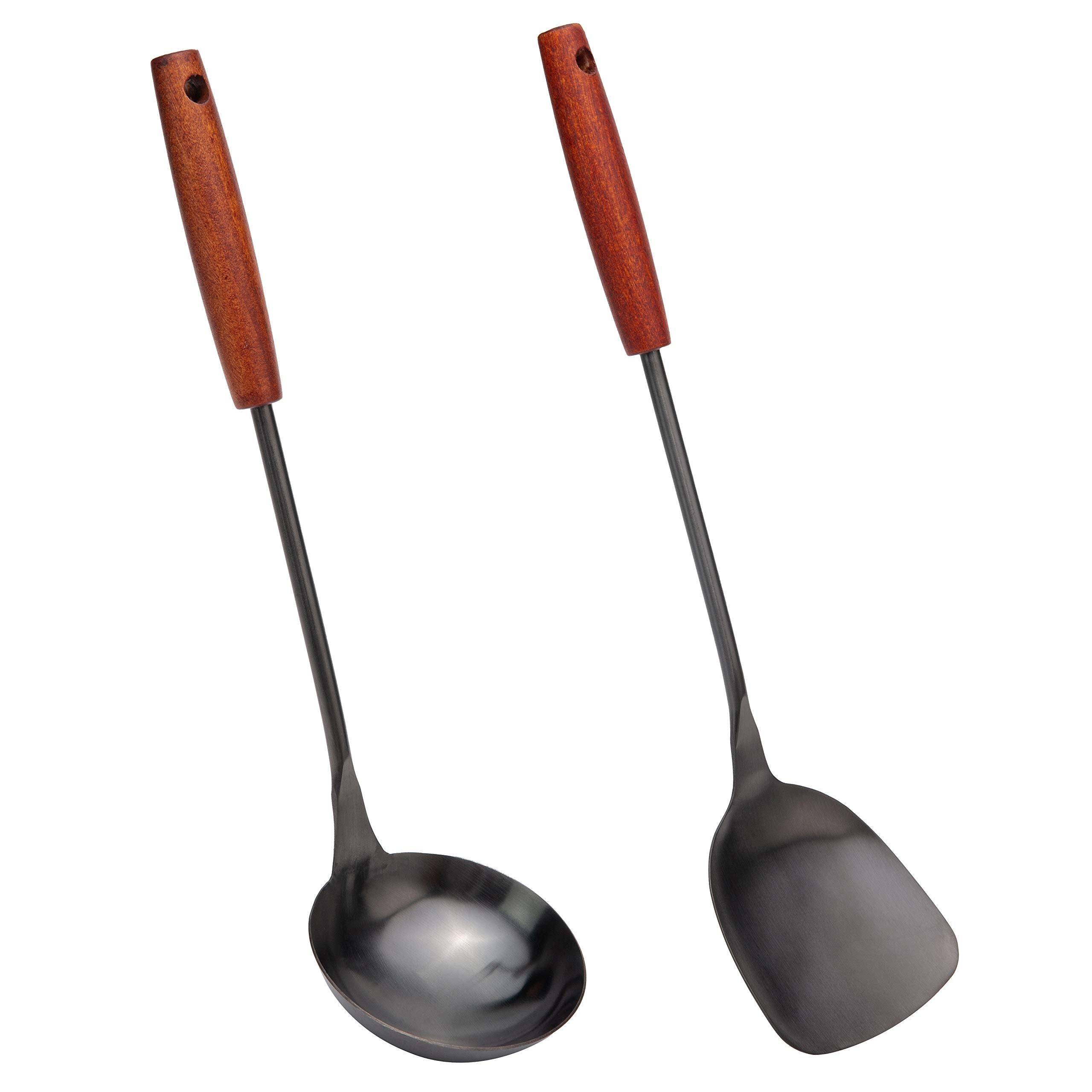 Espátula FJNATINH para sartén tipo wok con mango de madera, duradera para salteados