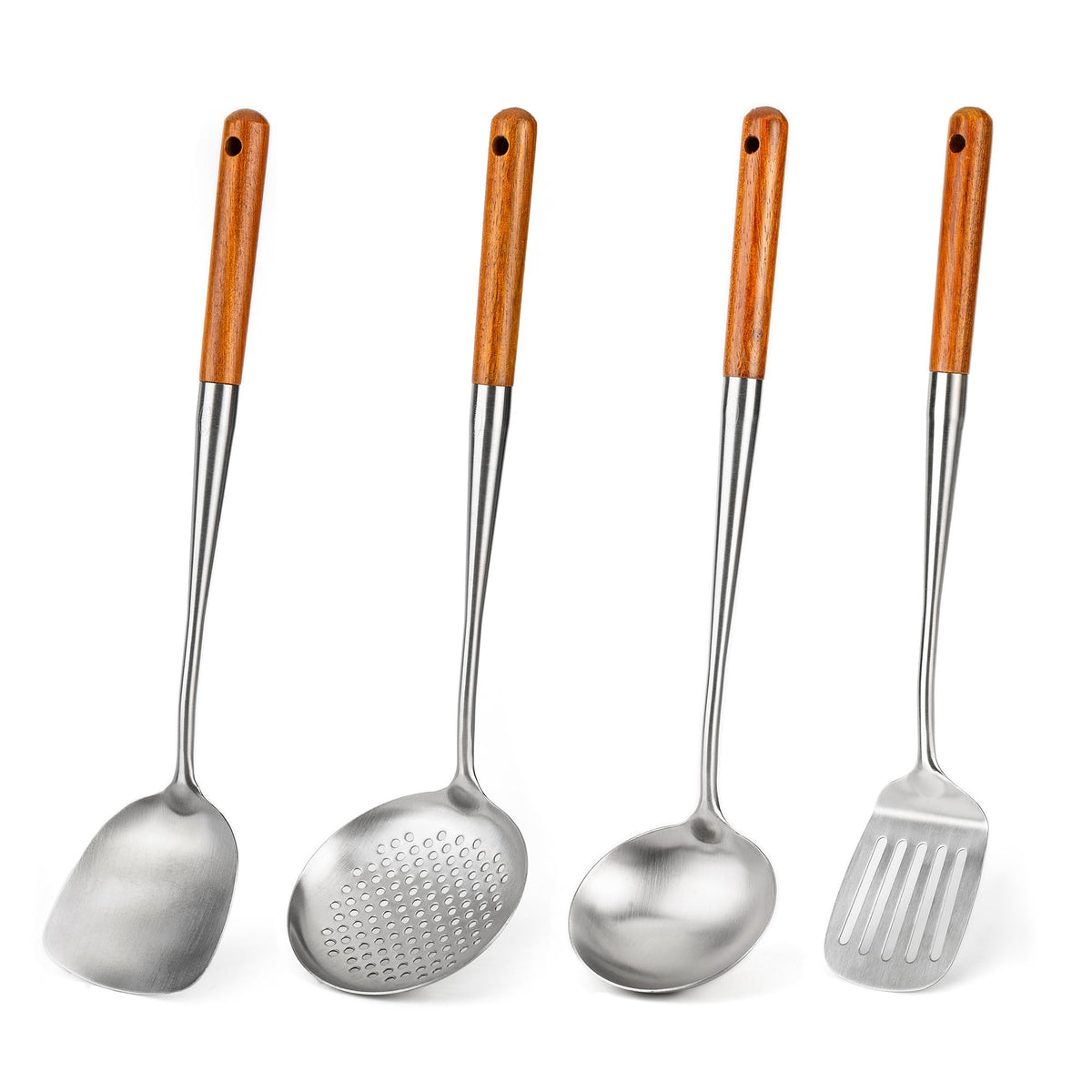 Espátula para wok FJNATINH con mango de madera, diseño ergonómico para cocinar con seguridad.