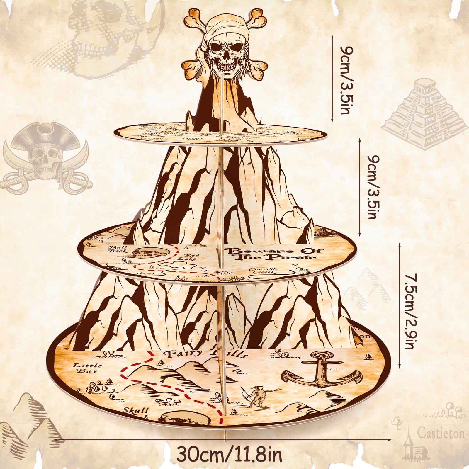 Fjoron Cupcake Stand diseño tesoro pirata resalta decoraciones y diversión en la celebración.