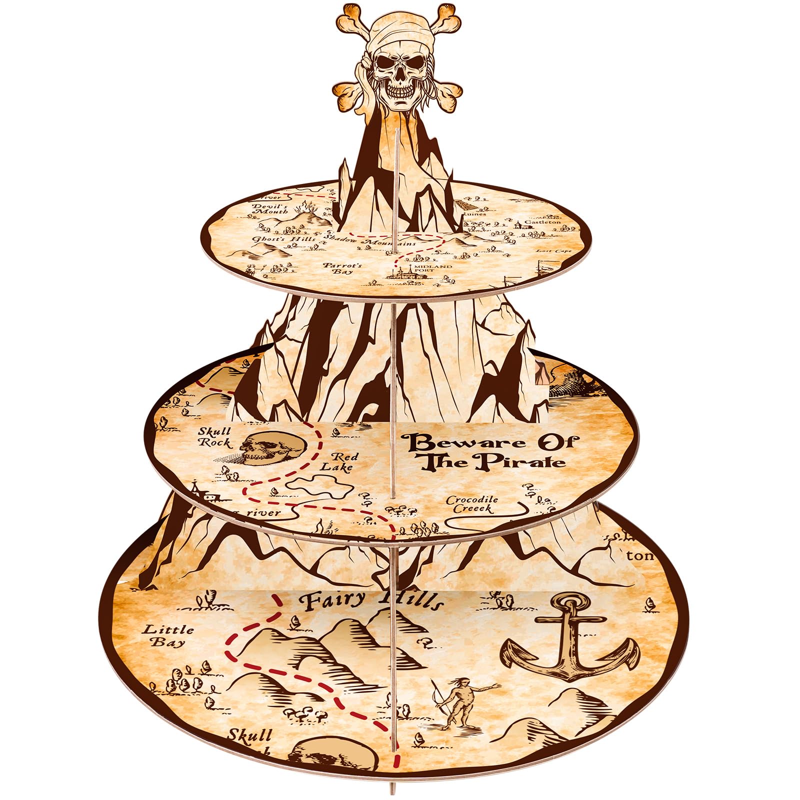 Fjoron Pirata Cupcake Stand tres niveles con mapa del tesoro, ideal para fiestas temáticas.