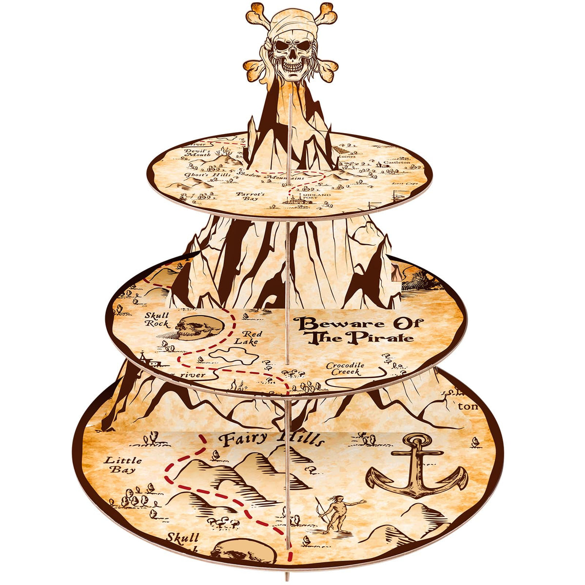 Fjoron Pirata Cupcake Stand tres niveles con mapa del tesoro, ideal para fiestas temáticas.