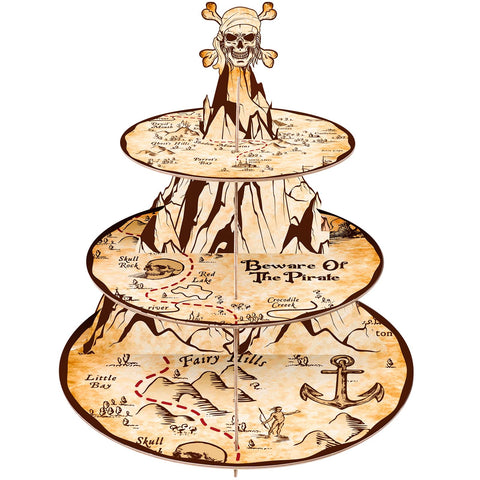 Fjoron Pirata Cupcake Stand tres niveles con mapa del tesoro, ideal para fiestas temáticas.