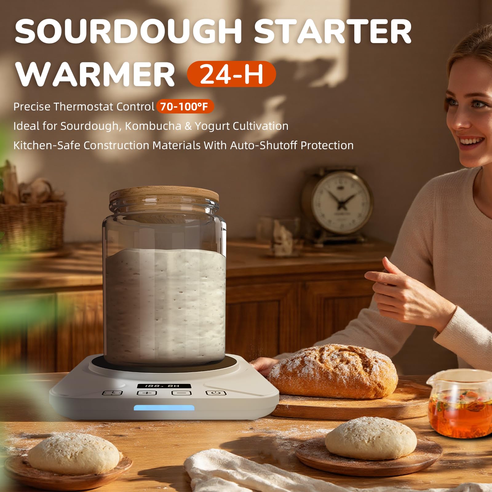 Control de temperatura preciso de FJR 70-100°F favorece levado y consistencia de la masa.