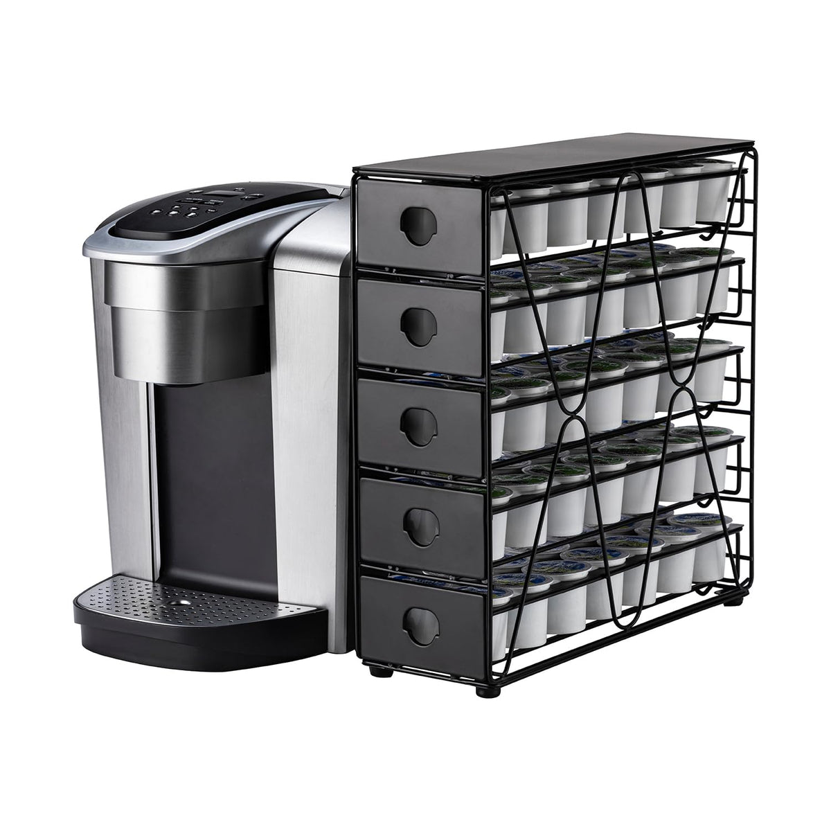 FlagShip organizador K-Cup: cajón de 5 niveles para 70 cápsulas, acceso rápido.