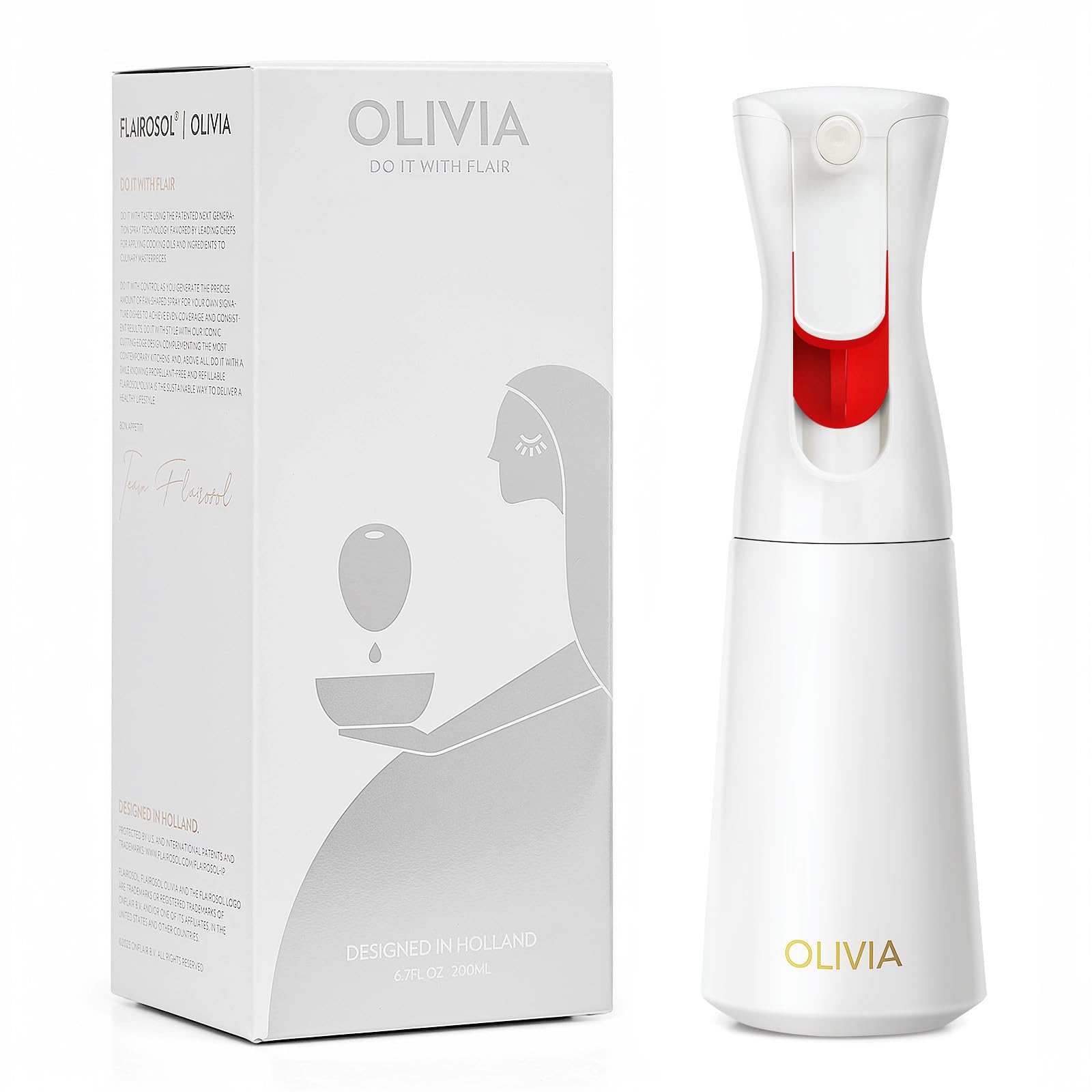 FLAIROSOL OLIVIA atomizador de aceite en vidrio para rociado fino en la cocina.