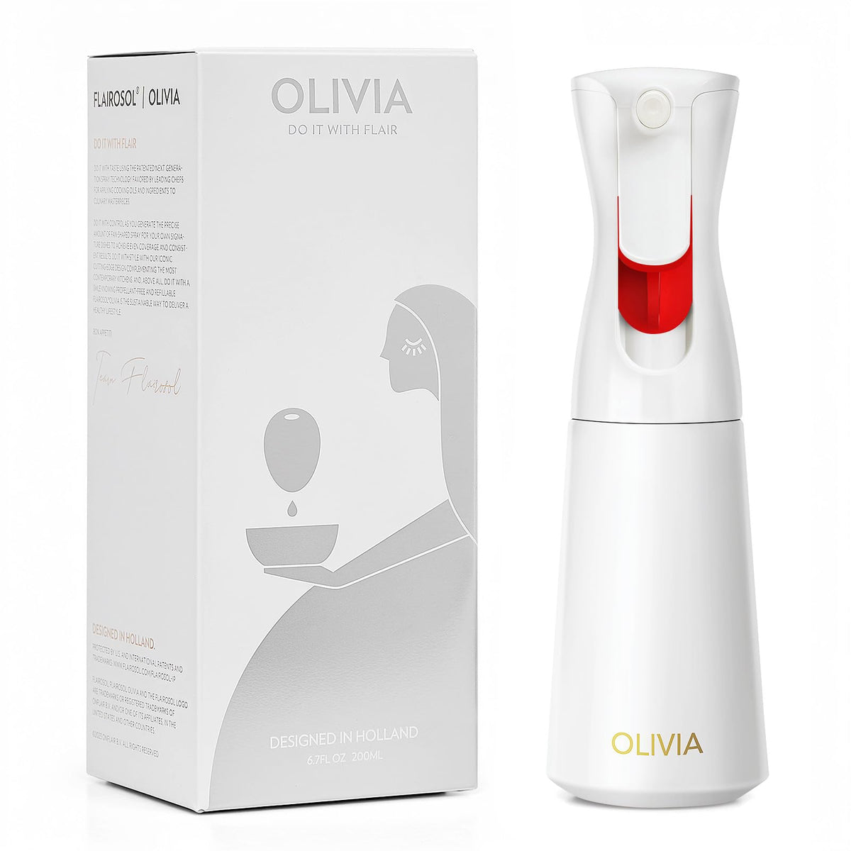FLAIROSOL OLIVIA atomizador de aceite en vidrio para rociado fino en la cocina.