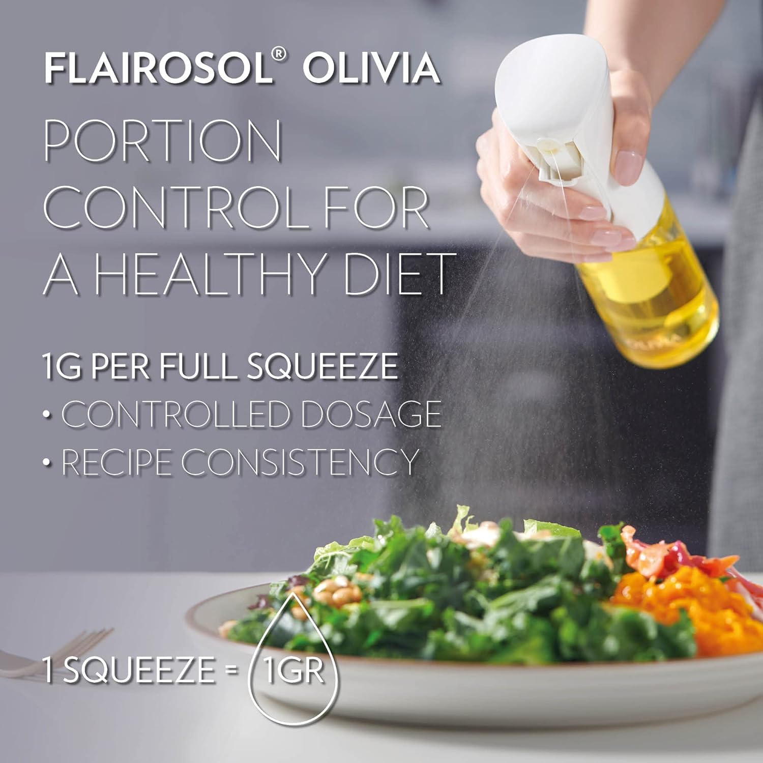 FLAIROSOL OLIVIA tapa con hebilla evita fugas durante transporte.