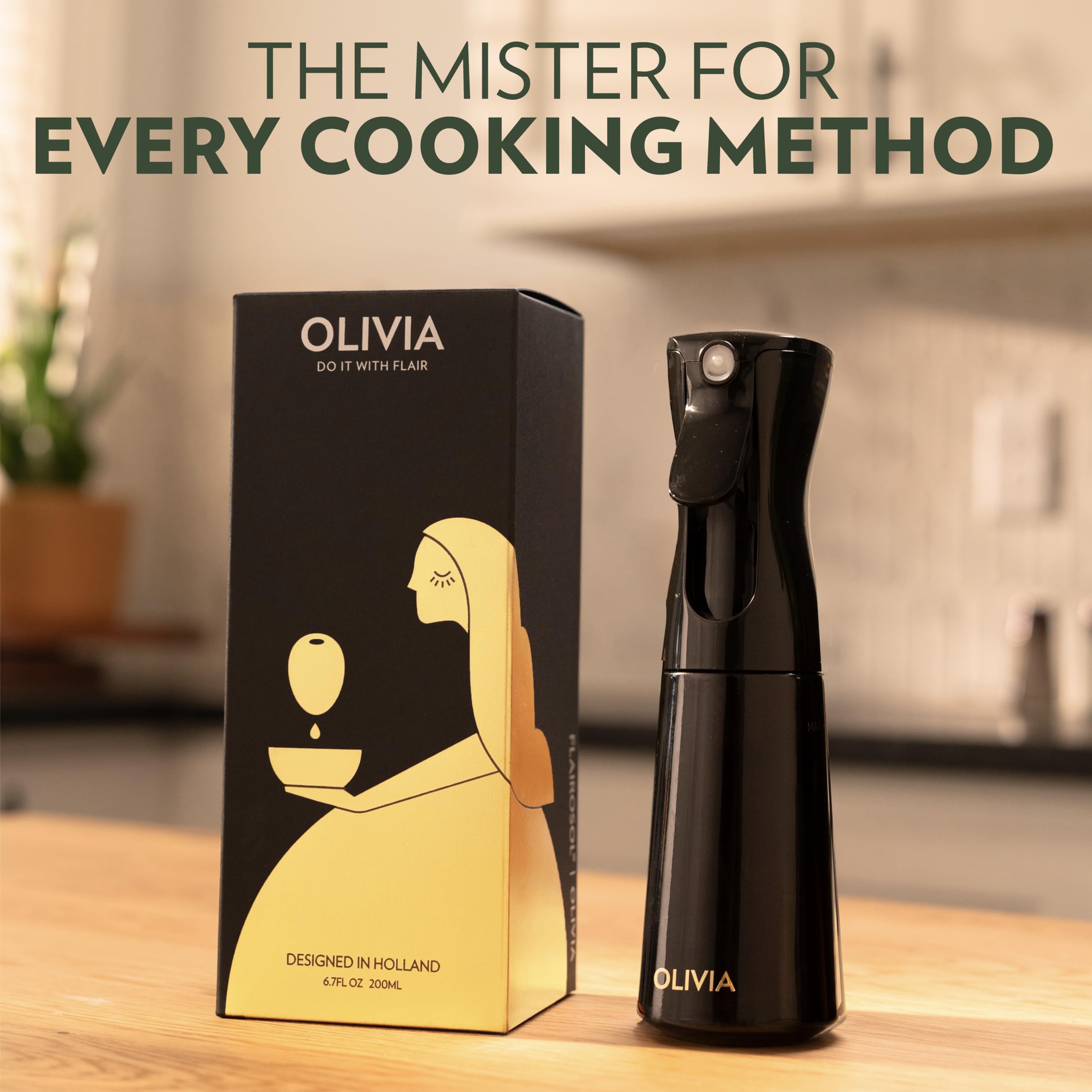 FLAIROSOL OLIVIA botella de vidrio negro con impresión dorada para rociado uniforme.