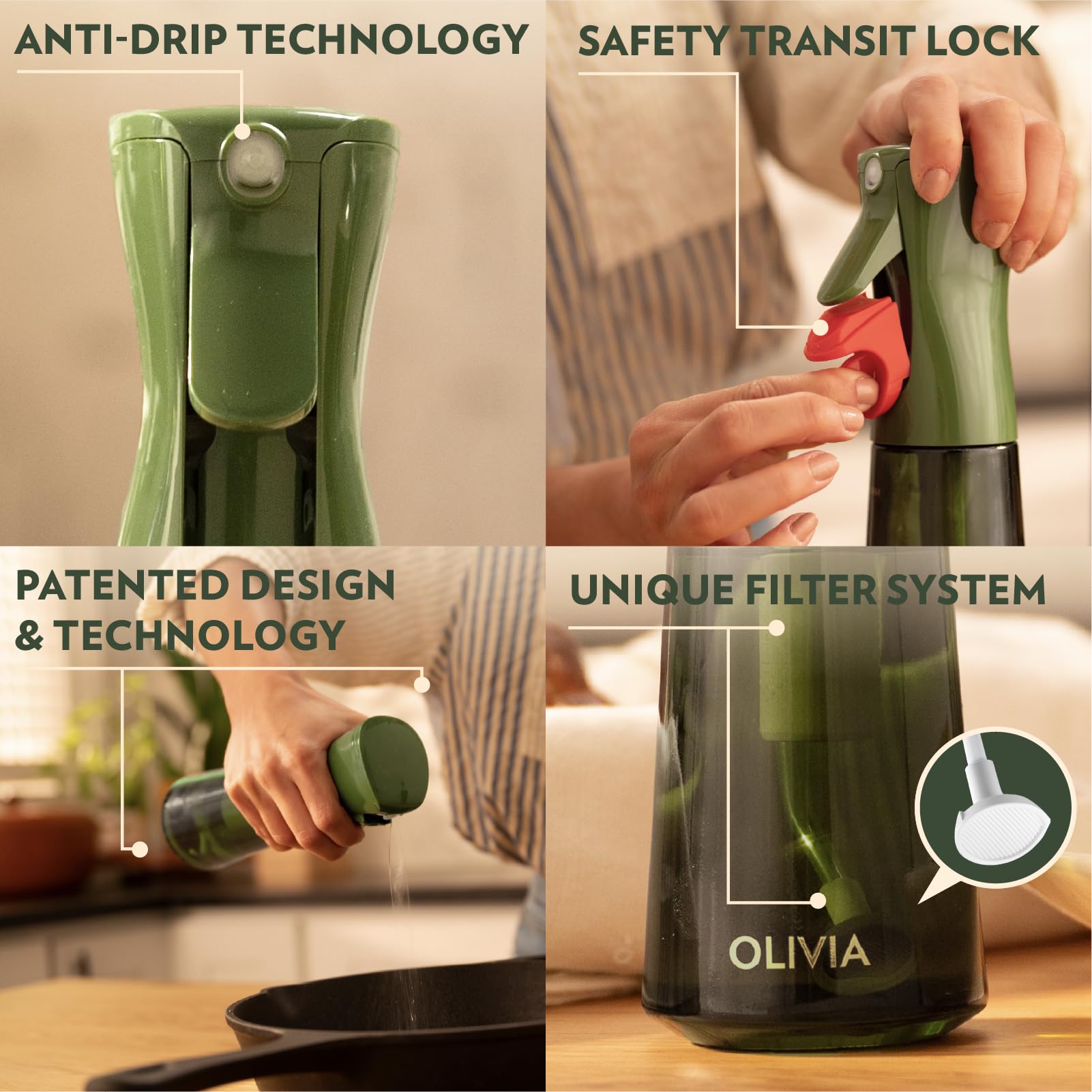 Botella de vidrio verde de 200 ml de FLAIROSOL OLIVIA para cocina diaria.