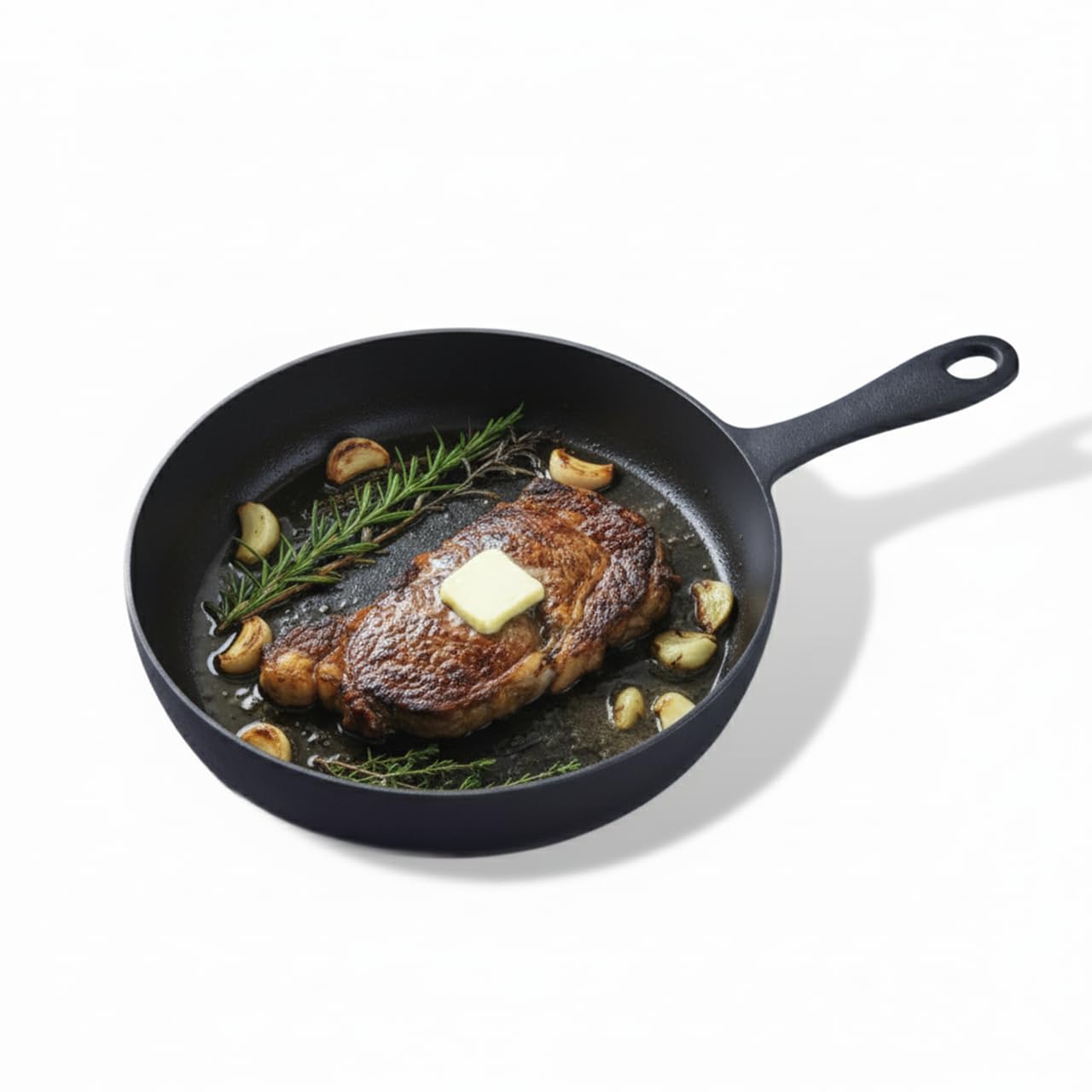 Flambo sartén de hierro 10 pulgadas con superficie lisa para sellar carnes.
