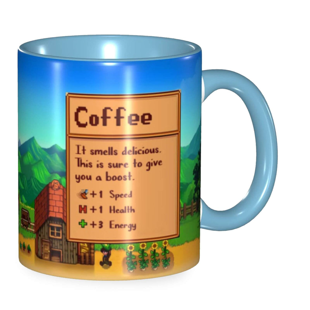 Taza Flaskars Farm Game con frente de dibujo pixel, ideal para sesiones de juego.