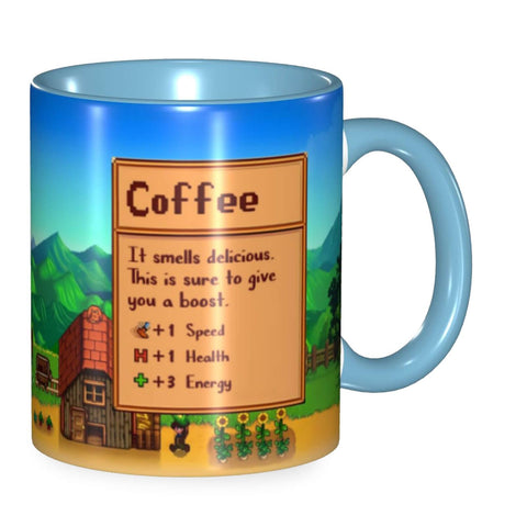 Taza Flaskars Farm Game con frente de dibujo pixel, ideal para sesiones de juego.