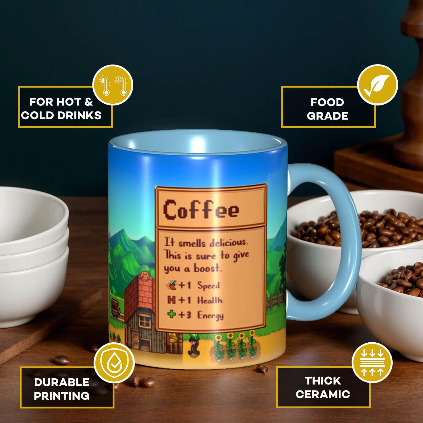Taza Flaskars Star Valley Gamer en cerámica de 11 onzas para café diario.