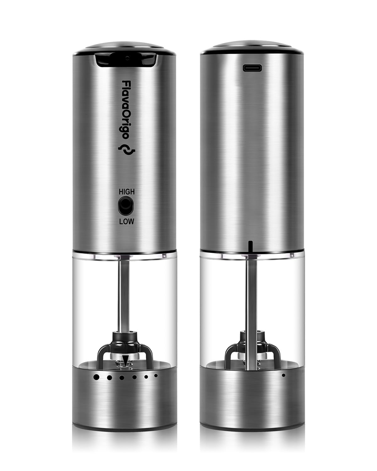 Molinillos FLAVAORIGO con carga USB-C para uso continuo en la cocina.