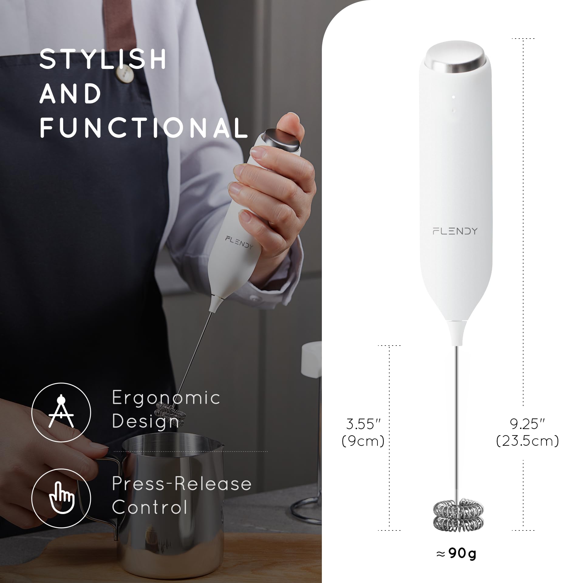 Flendy batidor de mano con vista lateral, espuma cremosa rápida para cappuccino