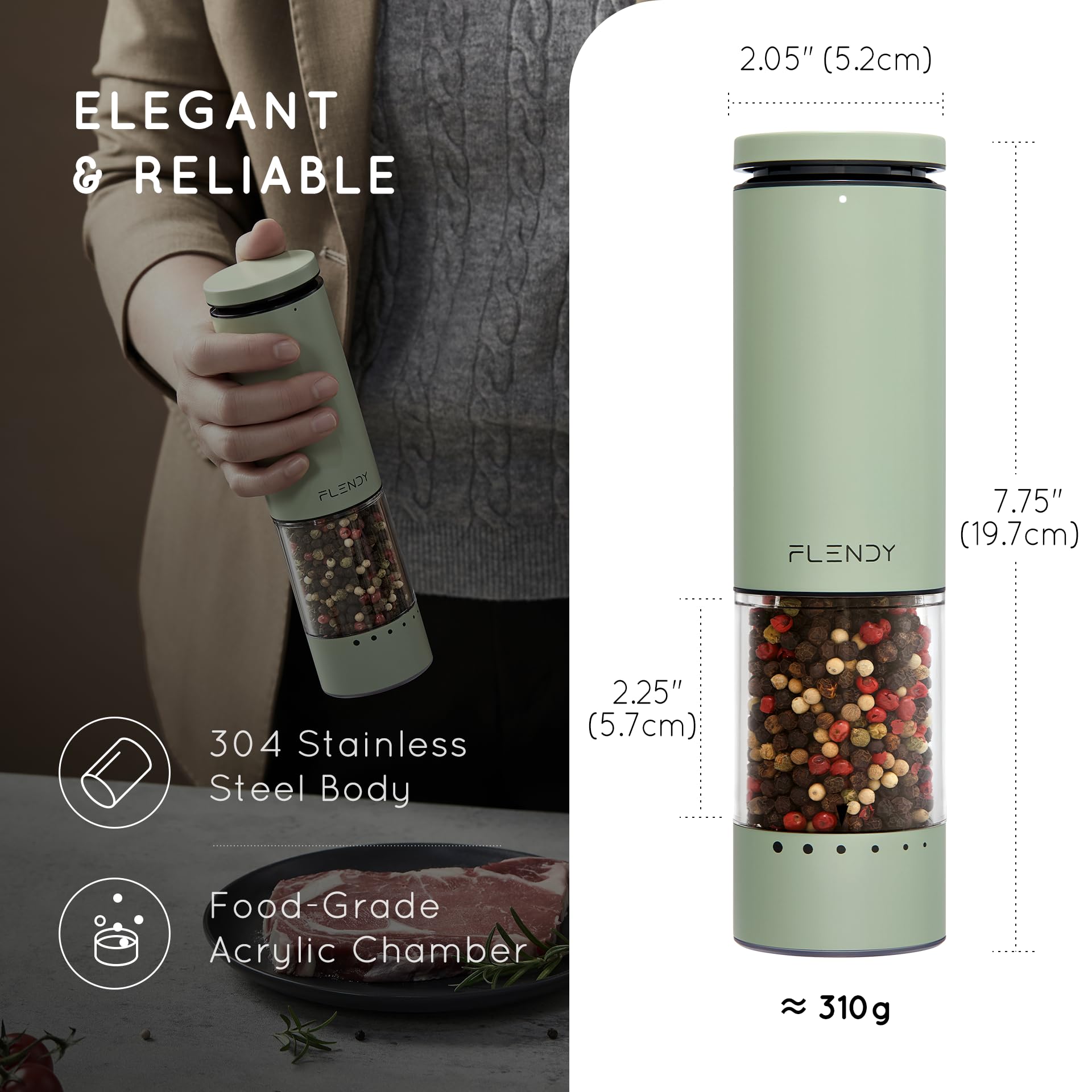 Flendy molinillo eléctrico, núcleo cerámico de cinco hojas para molienda estable.