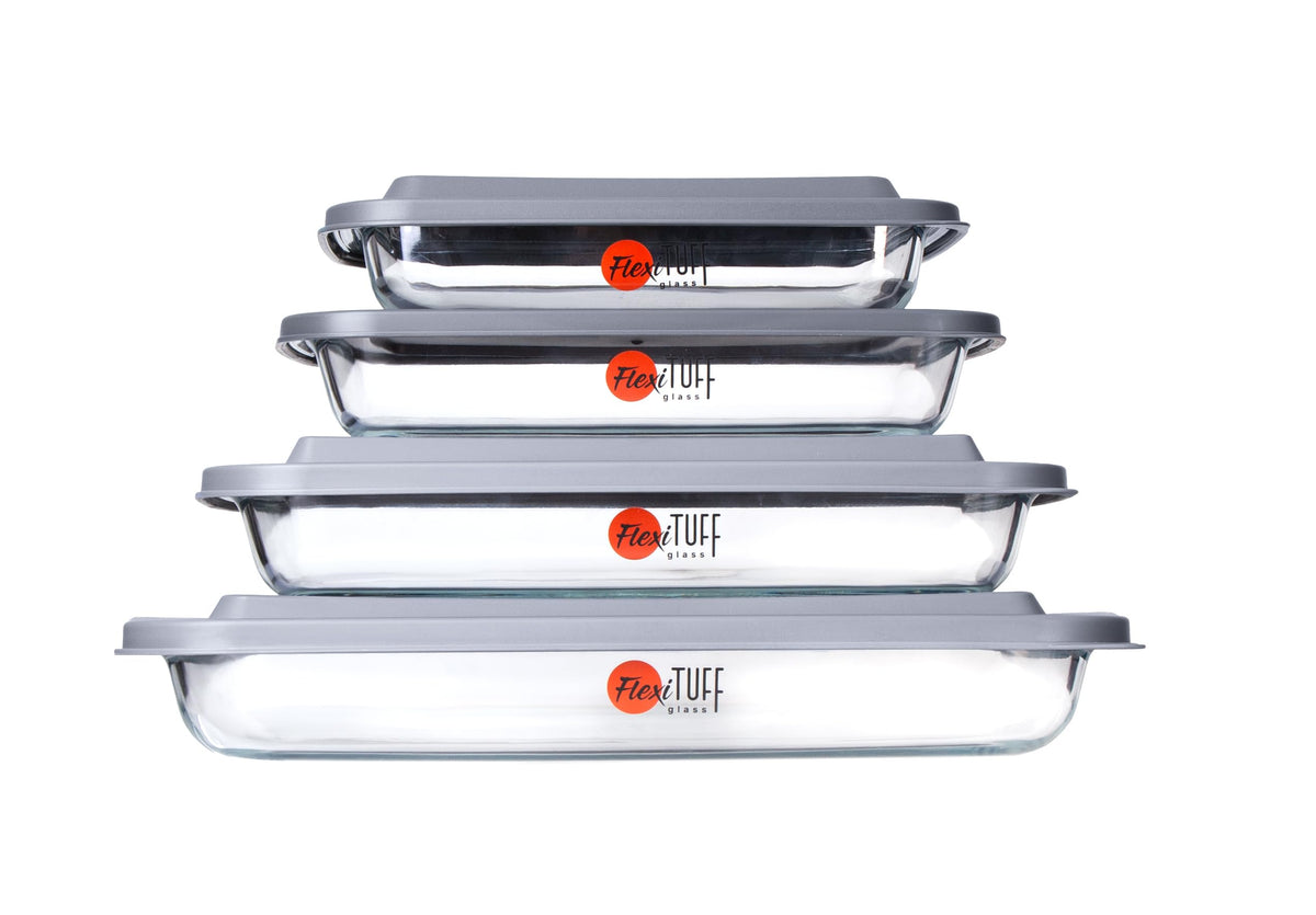 FlexiTuff Glass: bandeja rectangular de 1 qt con tapa PP, apta para hornear y almacenar.