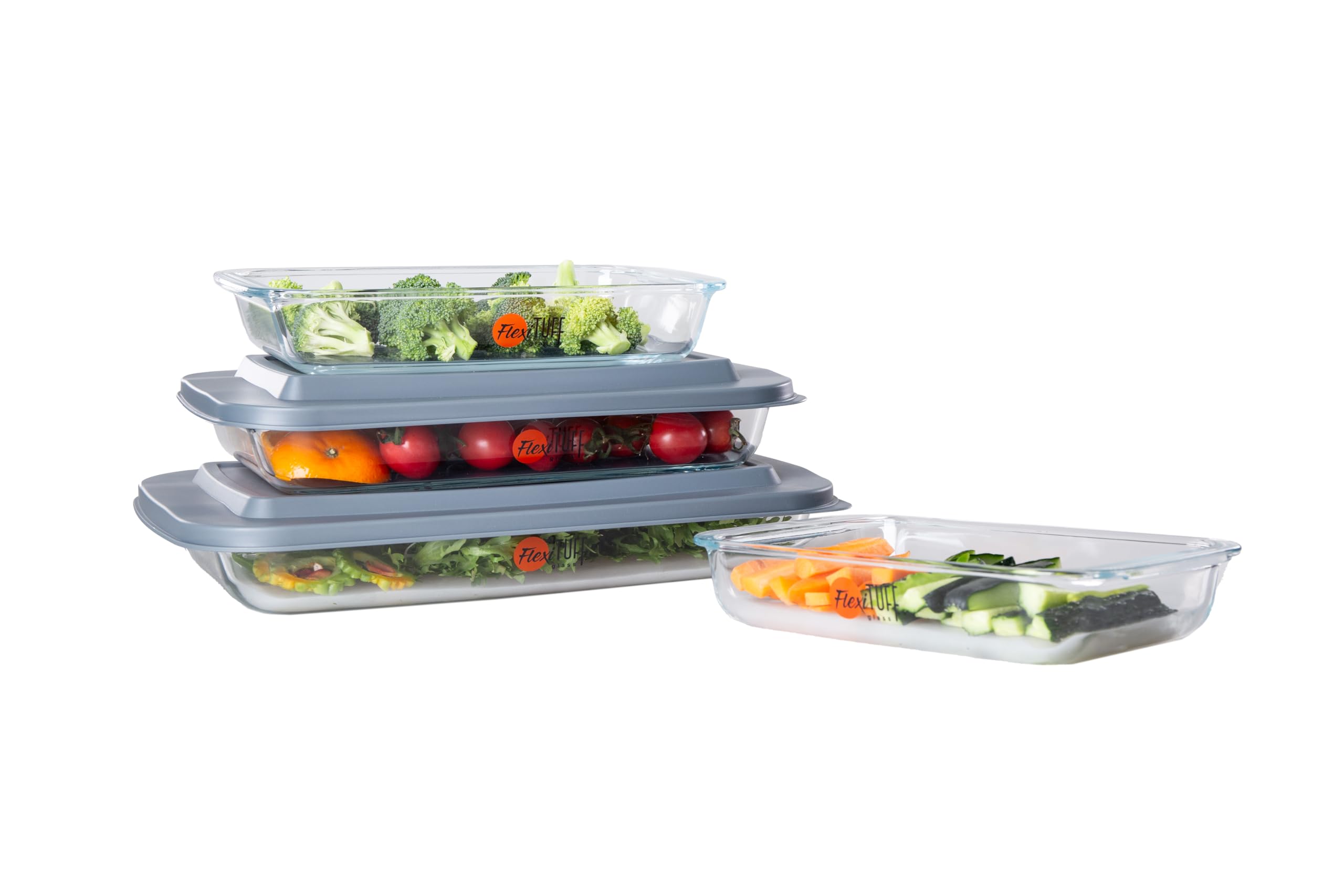 FlexiTuff Glass: bandejas rectangulares 2.3 qt con tapa sellada para conservar sabor.