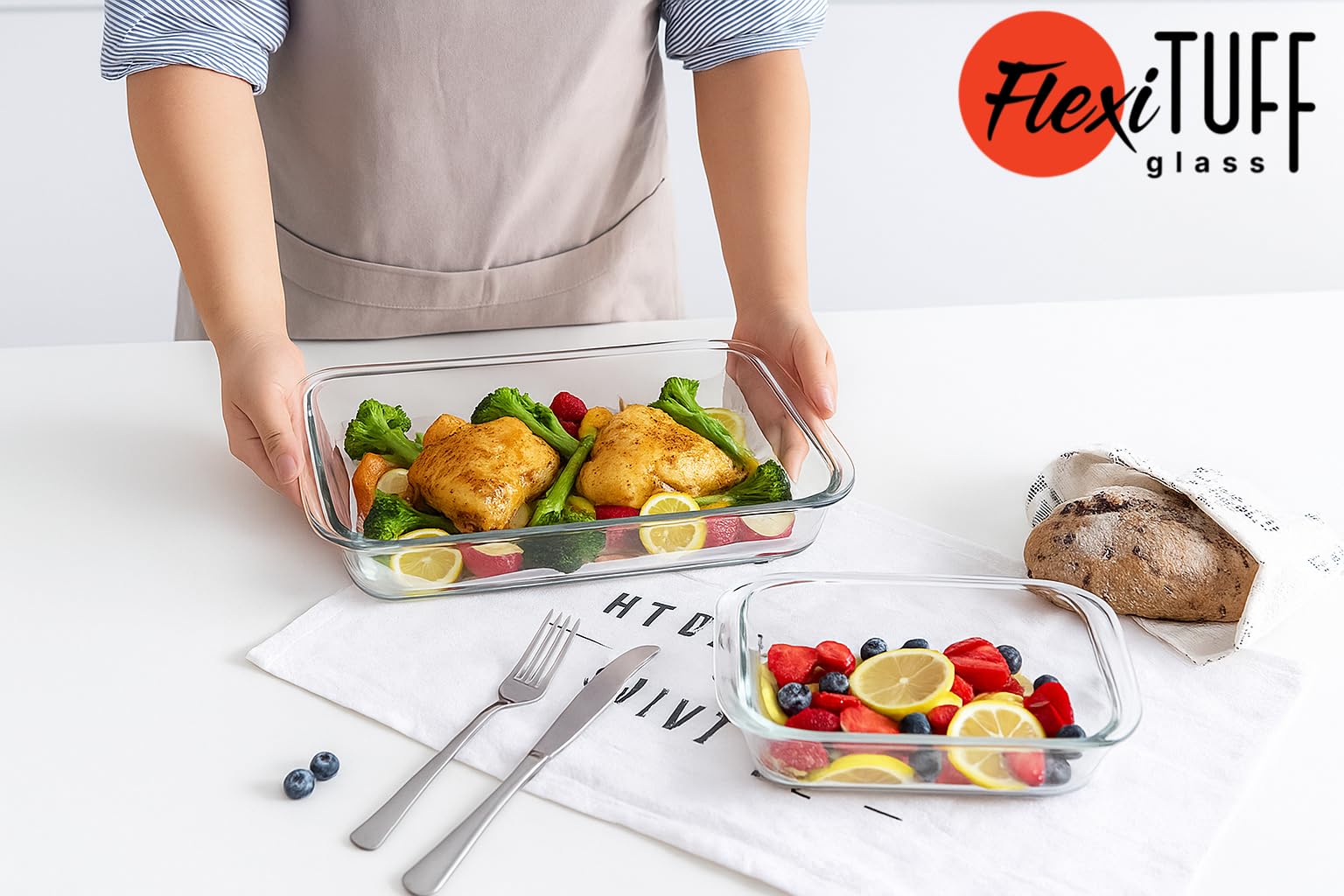 FlexiTuff Glass: bandejas rectangulares 3.2 qt con tapa hermética para guardar porciones.