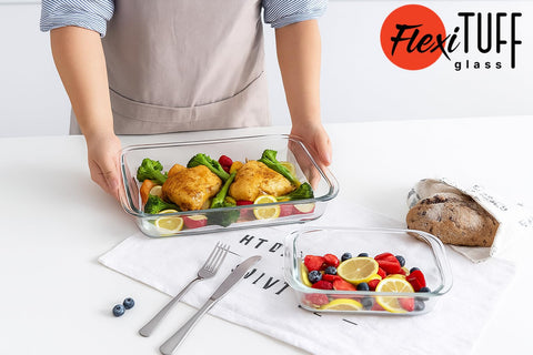 FlexiTuff Glass: bandejas rectangulares 3.2 qt con tapa hermética para guardar porciones.