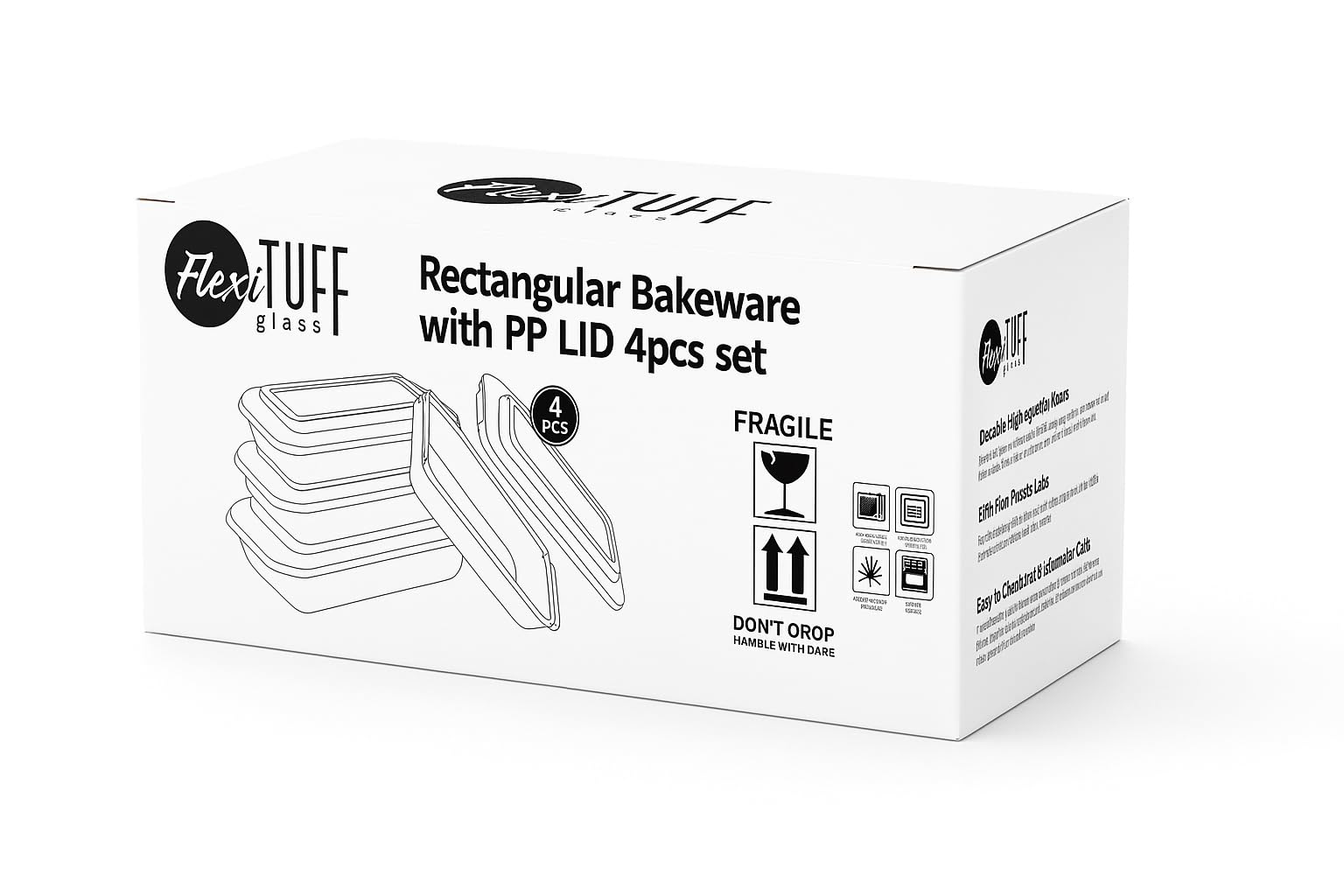 FlexiTuff Glass conjunto rectangular con 4 tapas PP, ideal para cocinar y servir.